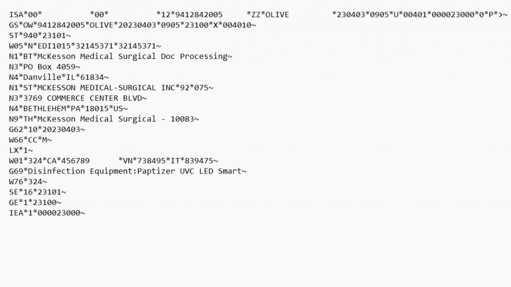 This is a raw EDI 940 - Warehouse Shipping Order.