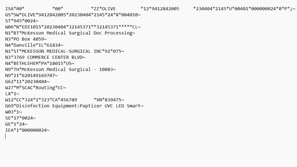 This is a raw EDI 945 - Warehouse Shipping Advice.